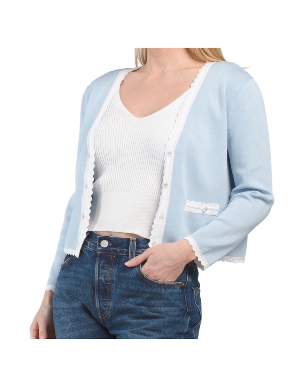NVLT Women’s Quarter Sleeve Cardigan With Scallop Details Baby Blue L